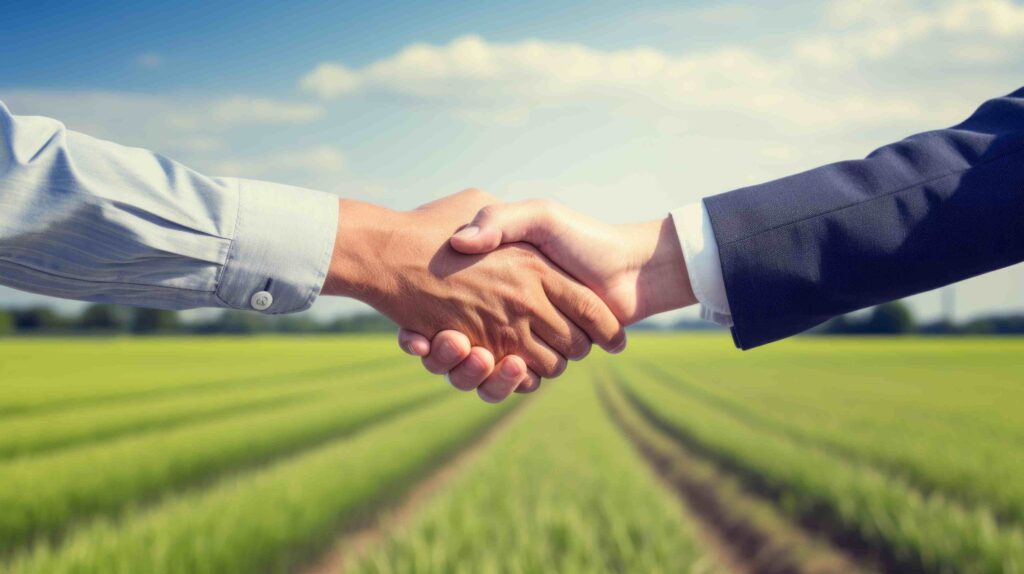 two people shaking hands in front of a green field