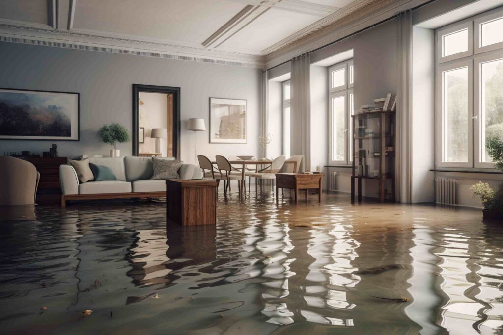 a flooded living room filled with furniture and windows