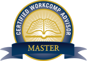 blue logo with book in the middle reads master certified workcomp advisor