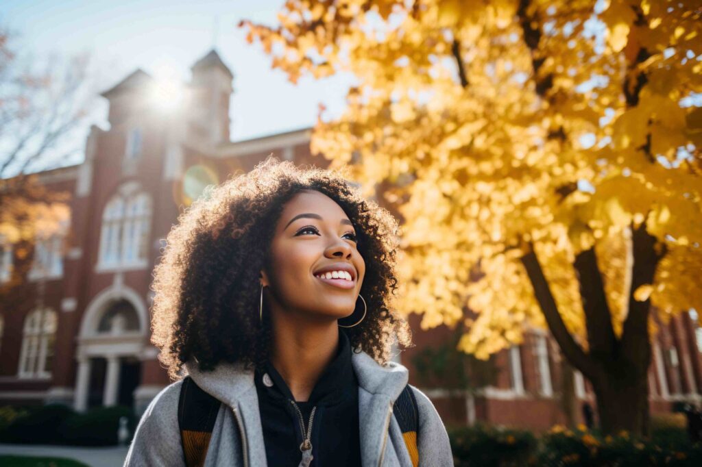 female college student smiling outside
