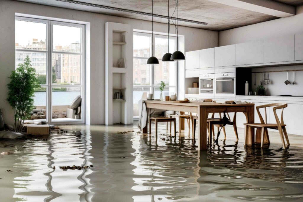 a flooded kitchen and dining room with windows