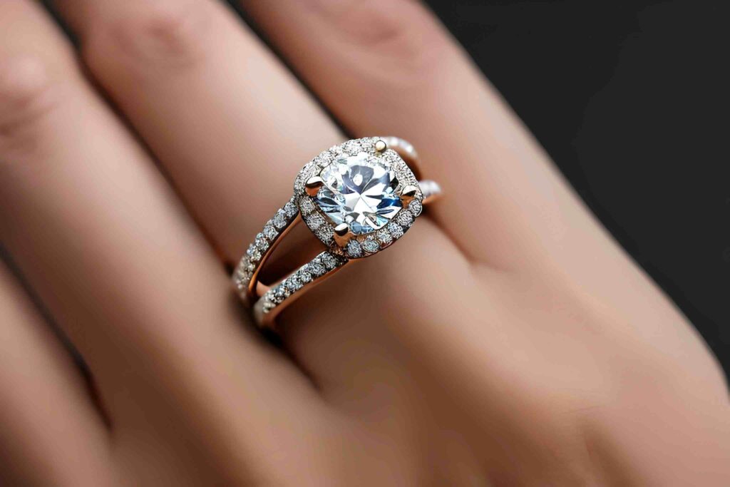 a woman's hand with a diamond ring on it