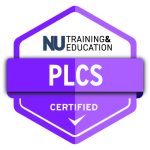 a purple badge with the words plcs on it