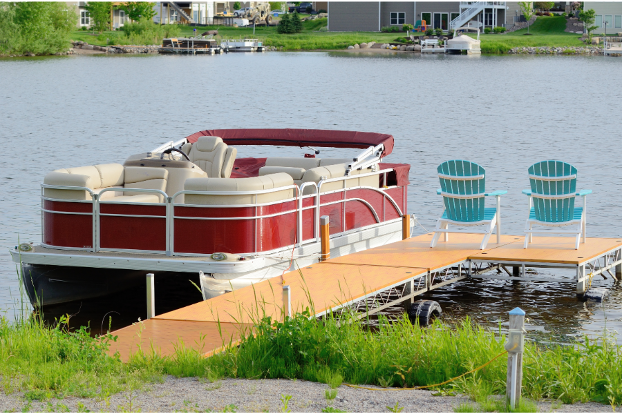 Docked pontoon boat