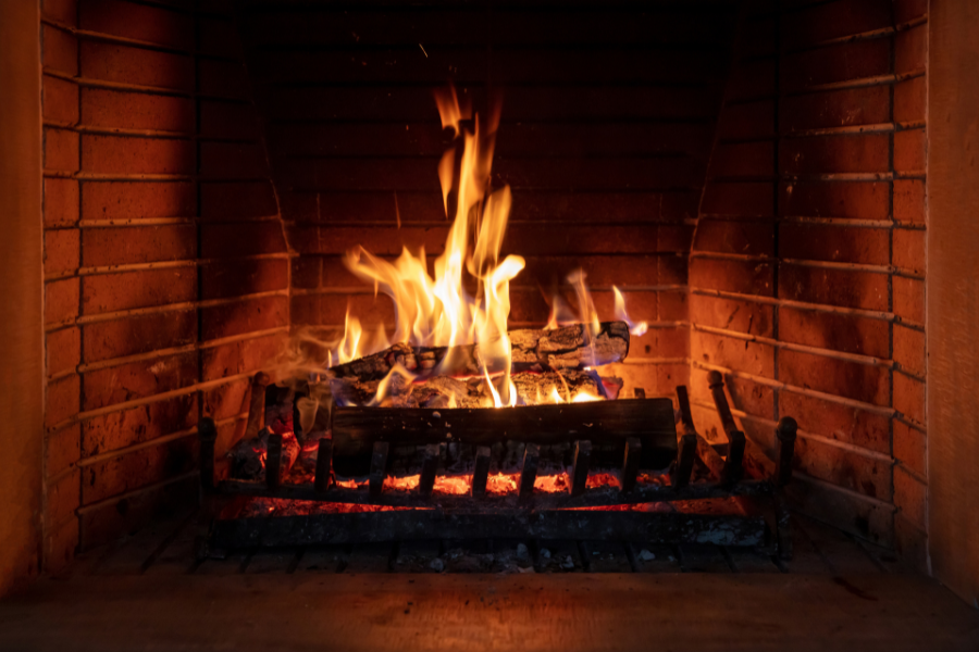 Close up of a lit fireplace