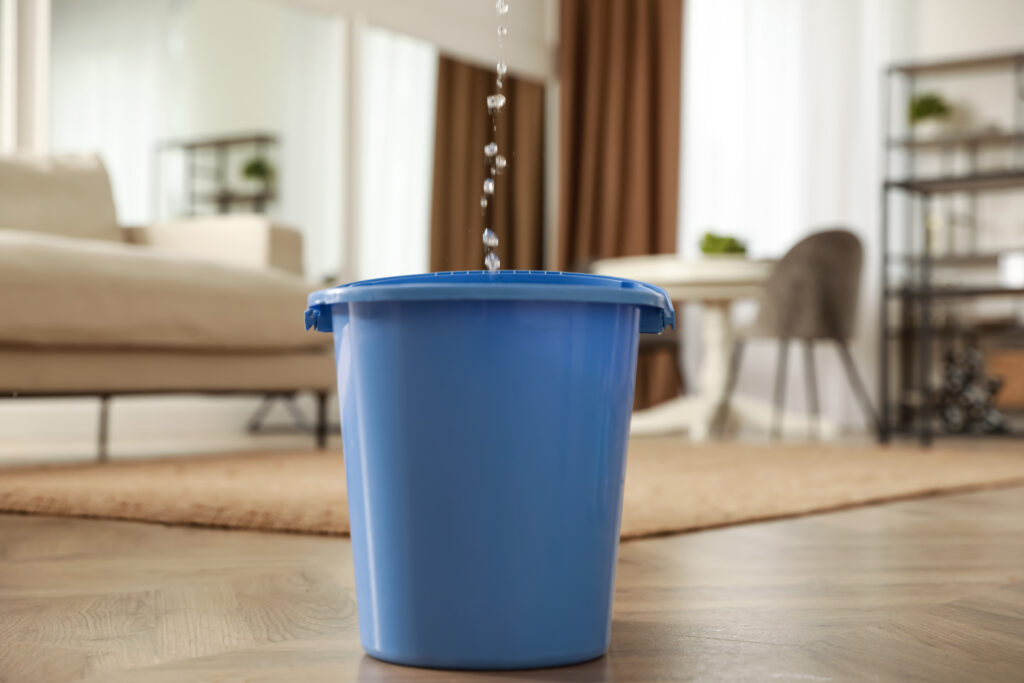 bucket catching water from leaking roof